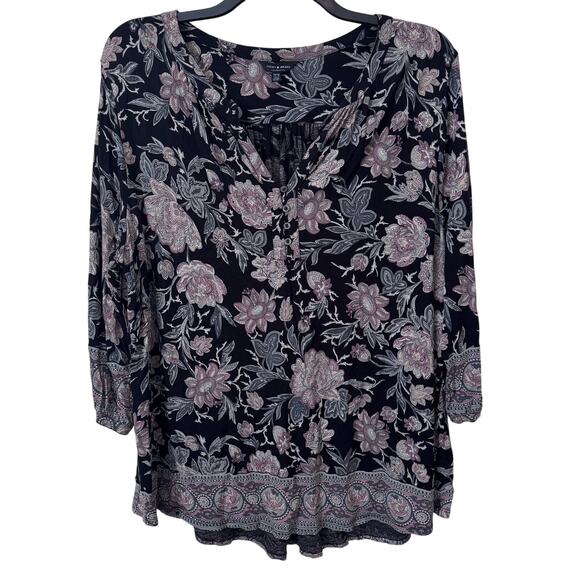 Lucky Brand Womens 3/4 Sleeve Floral Henley Size 1X Black Bohemian Tapestry‎ - Picture 1 of 10